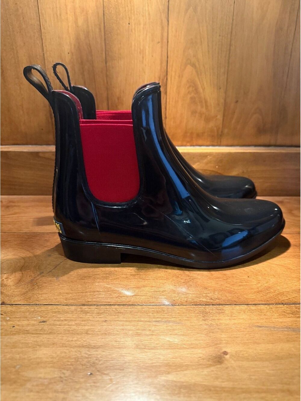 New Lauren Ralph Lauren Black/Red Chelsea Rain Boots Women's Size 8